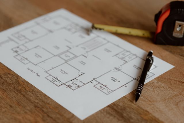 A residential floor plan printed on white paper, resting on a wooden table, with a yellow tape measure and a black pen placed on top of it.