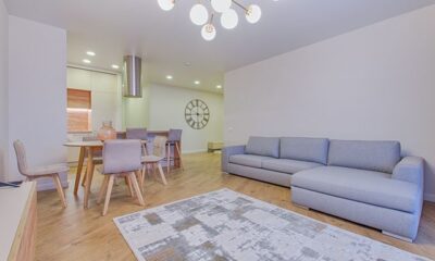 gray sofa and rug in living room next to open kitchen
