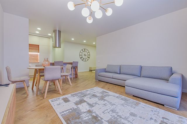 gray sofa and rug in living room next to open kitchen