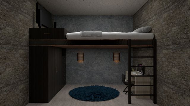 dark loft bed with desk and wardrobe below in teen bedroom